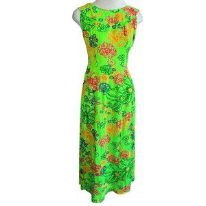 Kimo's Polynesian Shop Vintage Hawaiian Green Floral Maxi Tiki Dress